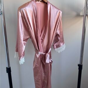 Luxurious Blush Satin Robe with Lace Accents